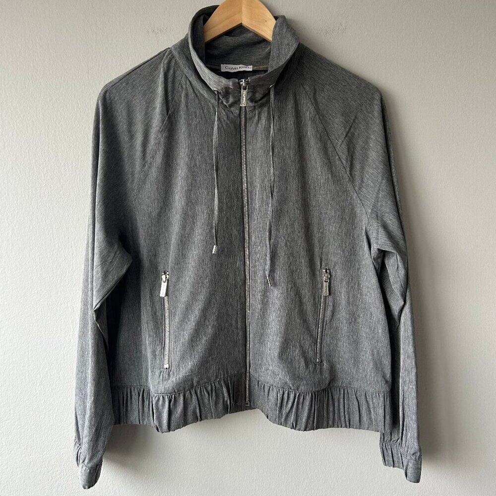 Calvin Klein Zip Front Jacket Women S/M Gray Ruffle Hem Lightweight NWOT - Picture 2 of 10